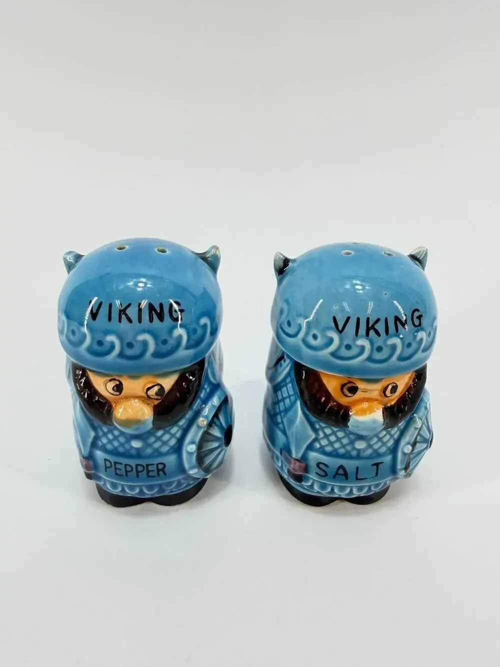 Vintage Viking Salt Pepper Shakers Japan Ceramic Blue Norse Figurines